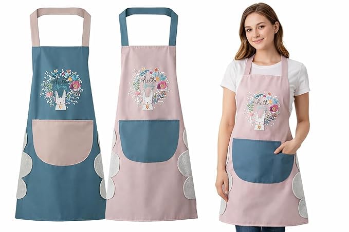 Waterproof Floral Kitchen Apron with Front Pocket & Hand Wiping Towel