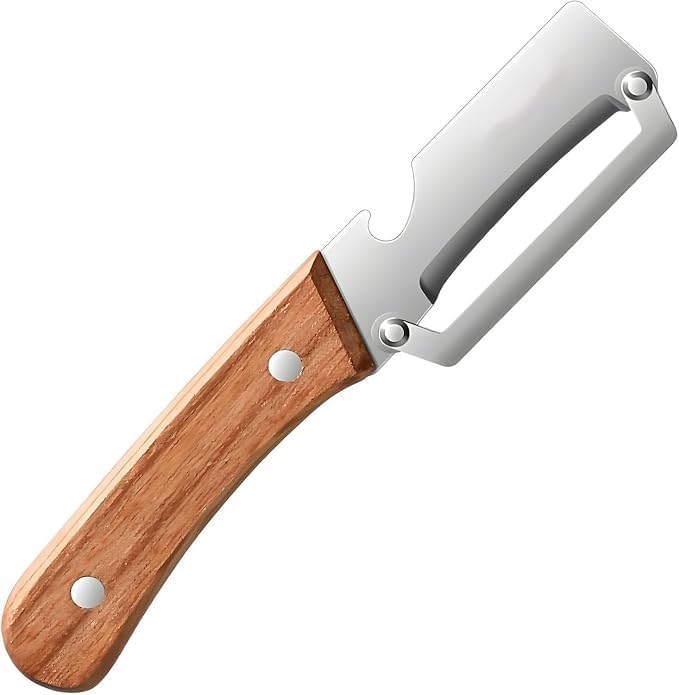 TimberGlide 2-in-1 Vegetable Peeler & Fruit Slicer | Stainless Steel Dual-Blade Format | Built-in Bottle Opener with Ergonomic Wooden Handle