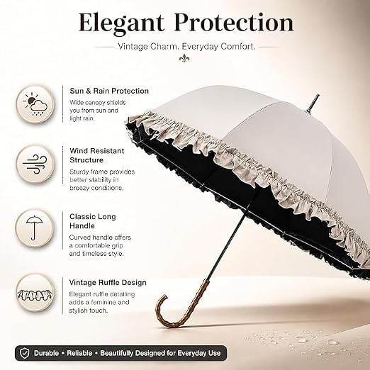 Frilly Bridal Umbrella Parasol for Women – Vintage Ruffle Long Handle Design