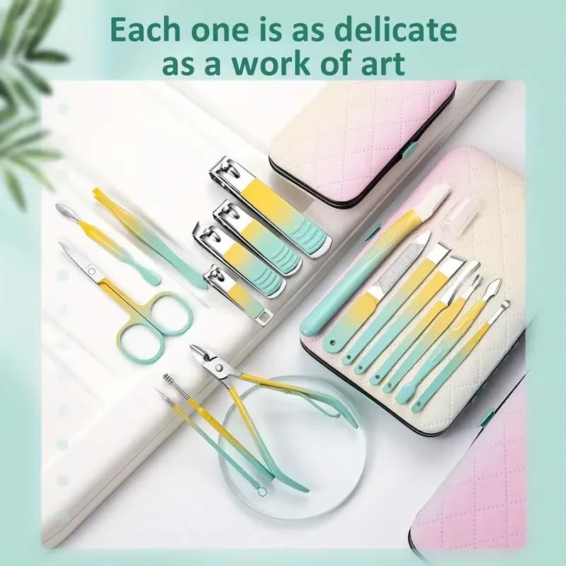 GroomKit 18-in-1 Manicure and Pedicure Set | Stainless Steel Grooming Kit with Gradient Tools & Quilted Travel Case