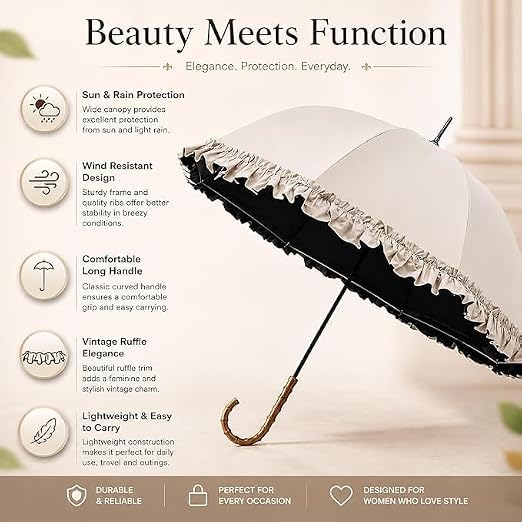 Frilly Bridal Umbrella Parasol for Women – Vintage Ruffle Long Handle Design