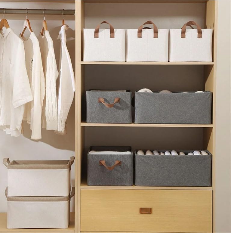 26L Fabric Storage Box Organizer | Foldable Wardrobe Clothes Organizer Basket with Faux Leather Handles | 47x28x20cm