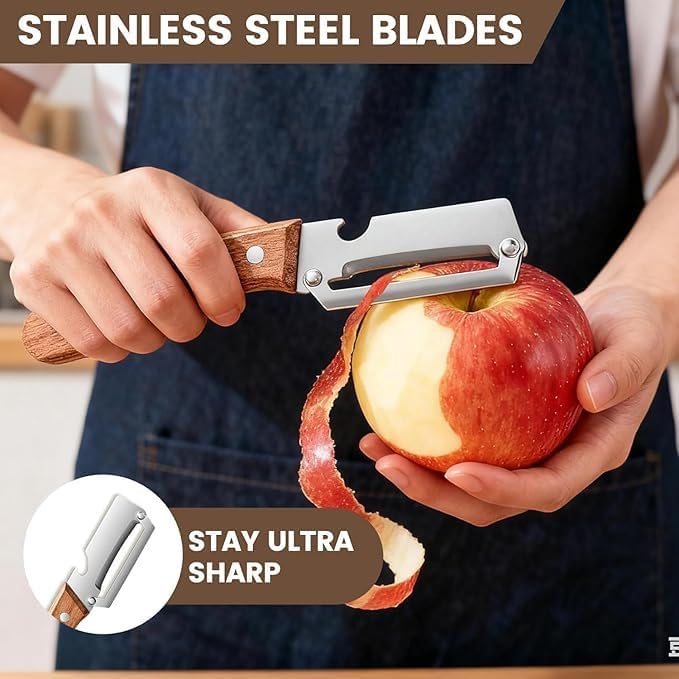 TimberGlide 2-in-1 Vegetable Peeler & Fruit Slicer | Stainless Steel Dual-Blade Format | Built-in Bottle Opener with Ergonomic Wooden Handle