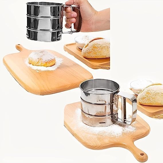 SiftCraft Stainless Steel Flour Sifter | Handheld Squeeze Trigger Atta Channi | Double Layer Fine Mesh Baking Strainer with Measurement Markings