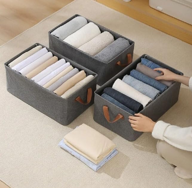 26L Fabric Storage Box Organizer | Foldable Wardrobe Clothes Organizer Basket with Faux Leather Handles | 47x28x20cm