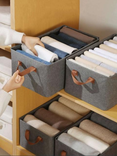 26L Fabric Storage Box Organizer | Foldable Wardrobe Clothes Organizer Basket with Faux Leather Handles | 47x28x20cm
