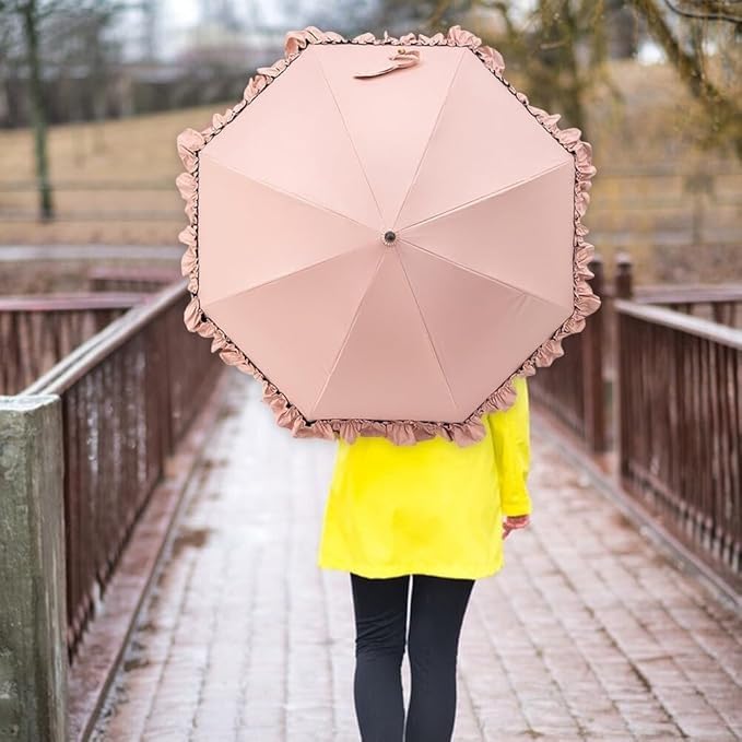 Frilly Bridal Umbrella Parasol for Women – Vintage Ruffle Long Handle Design