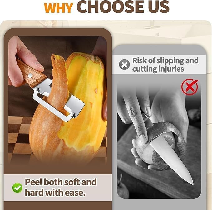 TimberGlide 2-in-1 Vegetable Peeler & Fruit Slicer | Stainless Steel Dual-Blade Format | Built-in Bottle Opener with Ergonomic Wooden Handle