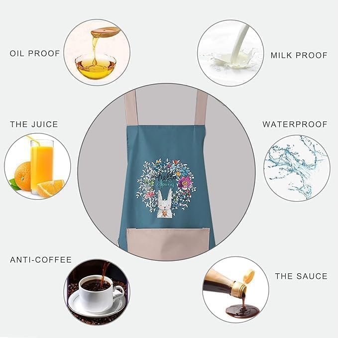 Waterproof Floral Kitchen Apron with Front Pocket & Hand Wiping Towel