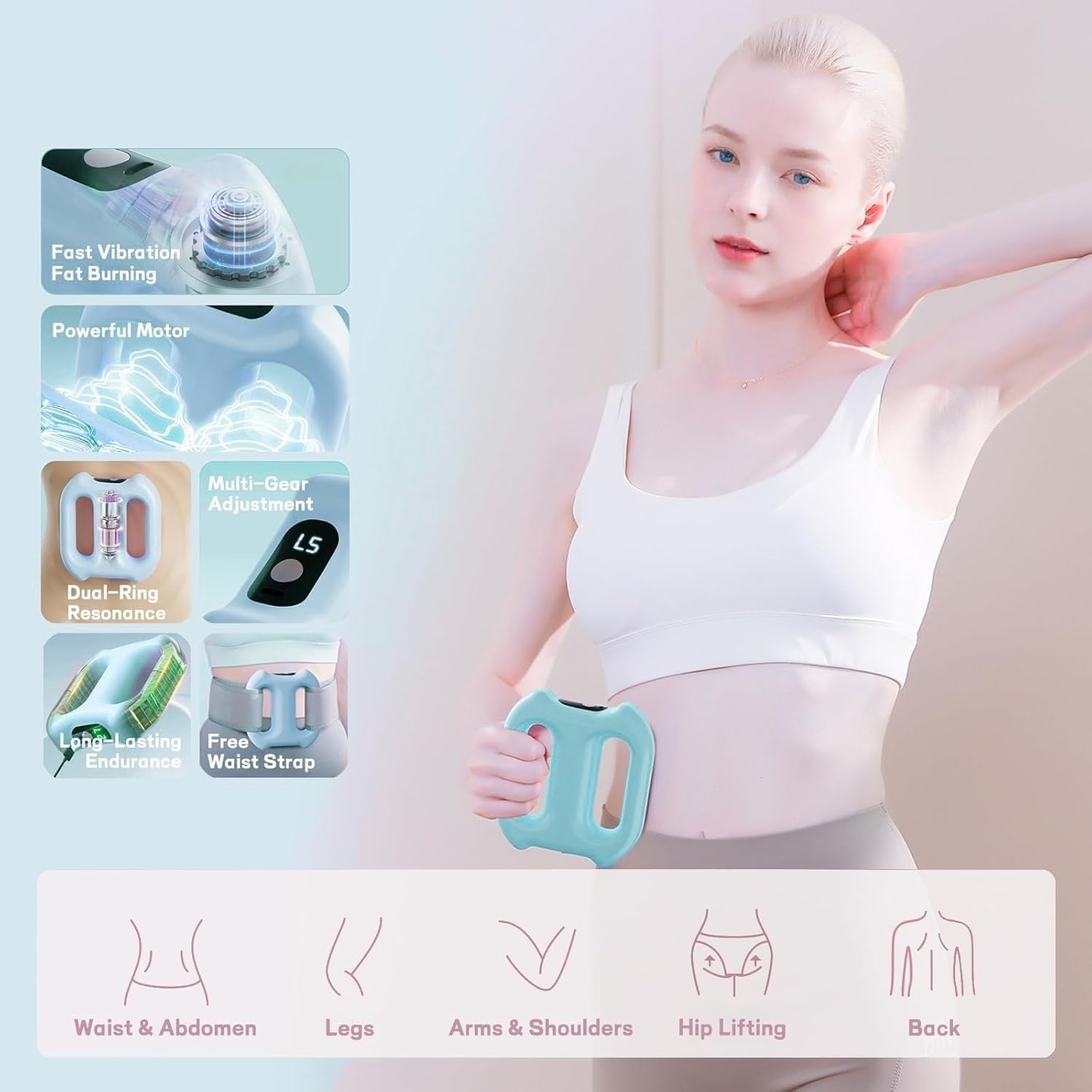 Electric Fascia Massager Ring | Cordless Dual-Motor Vibration Belt with Heat Therapy | 5 Intensity Levels & 3 Modes Body Shaping Device