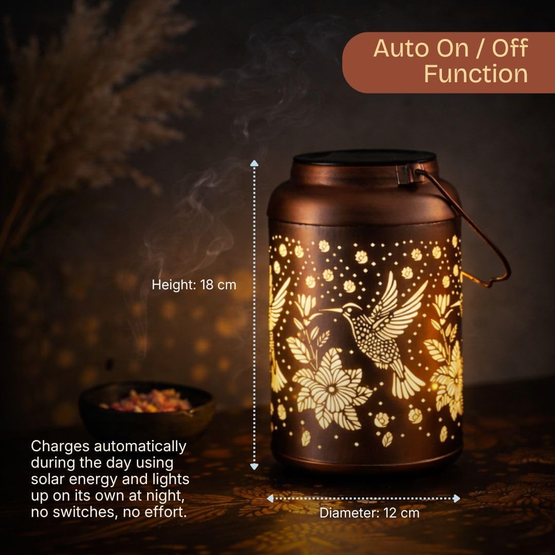 VintaGlow Hummingbird Solar Lantern with Metal Hollow Shadow Projection