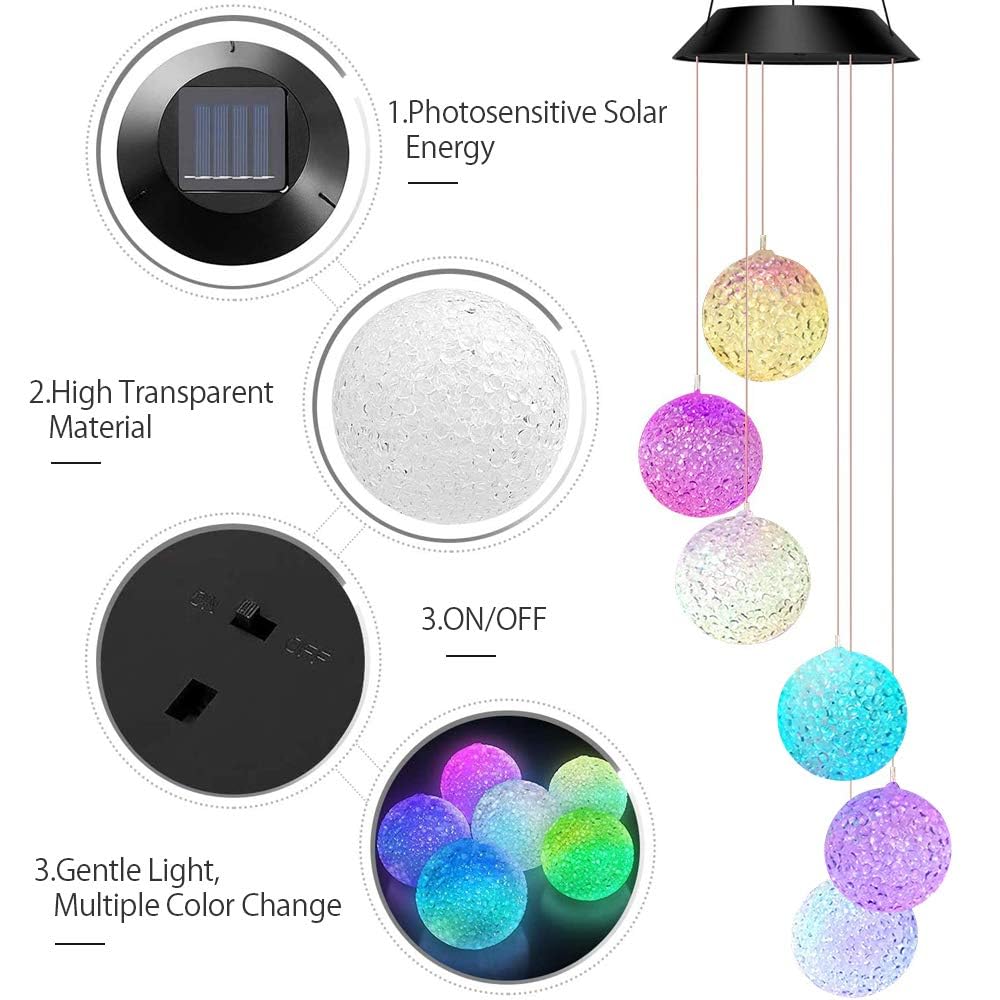 Solar Powered Wind Chimes | 6 Color Changing LED Crystal Balls Format | Waterproof Outdoor Hanging Decoration for Garden Balcony Patio