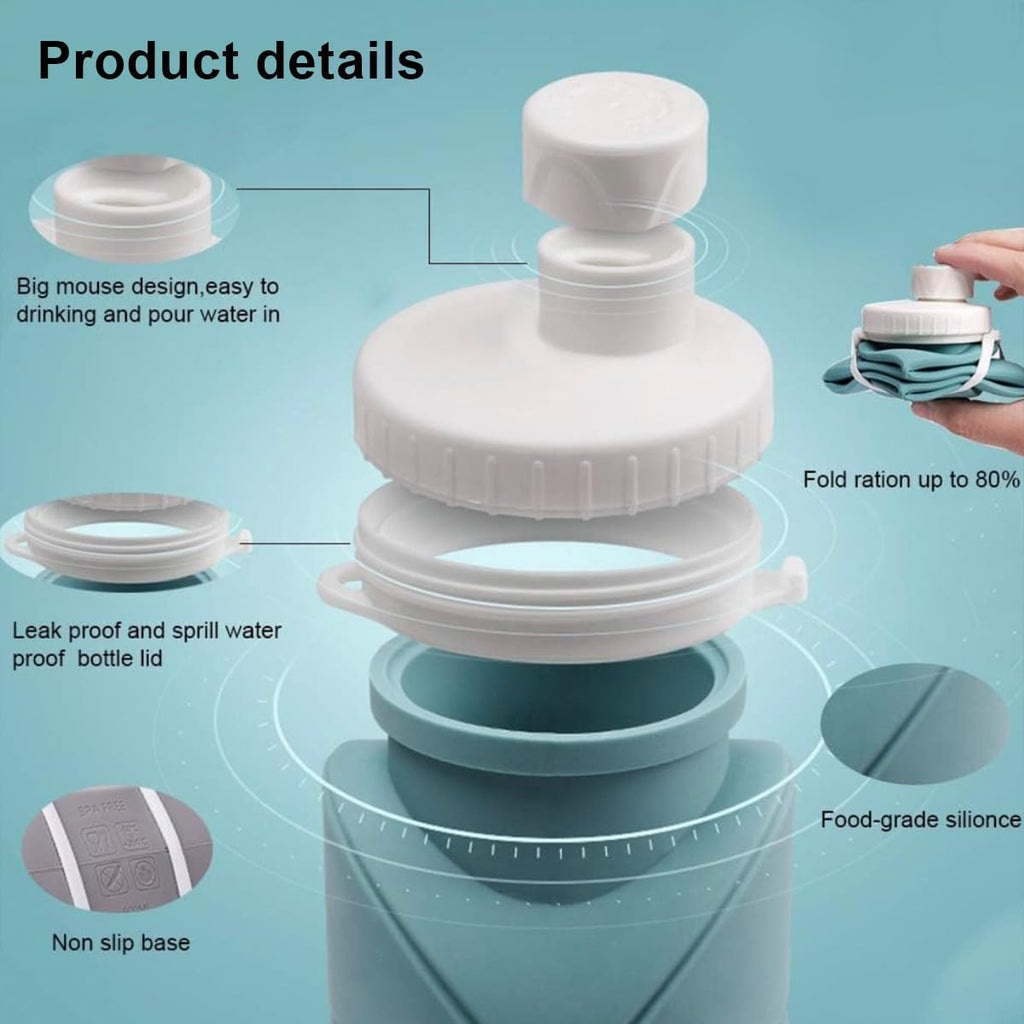 FlexiFold Collapsible Silicone Water Bottle | Folding Portable Leakproof Travel Flask for Gym School | 600ml