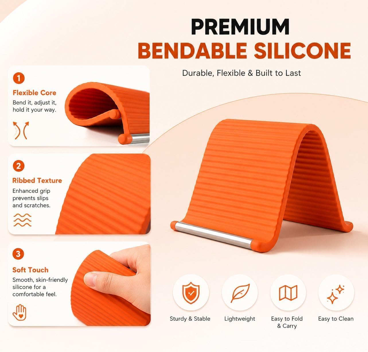 Mobile Stand for Desk - Orange Flexible Silicone Multi-Angle Adjustable Phone Holder