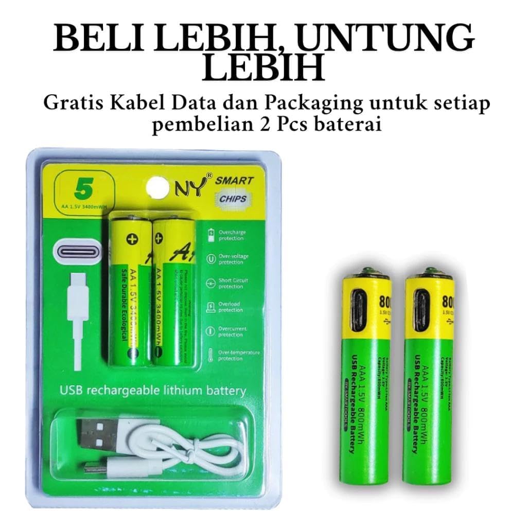 Type-C Rechargeable AA Lithium Batteries with Charging Cable (Pack of 2)