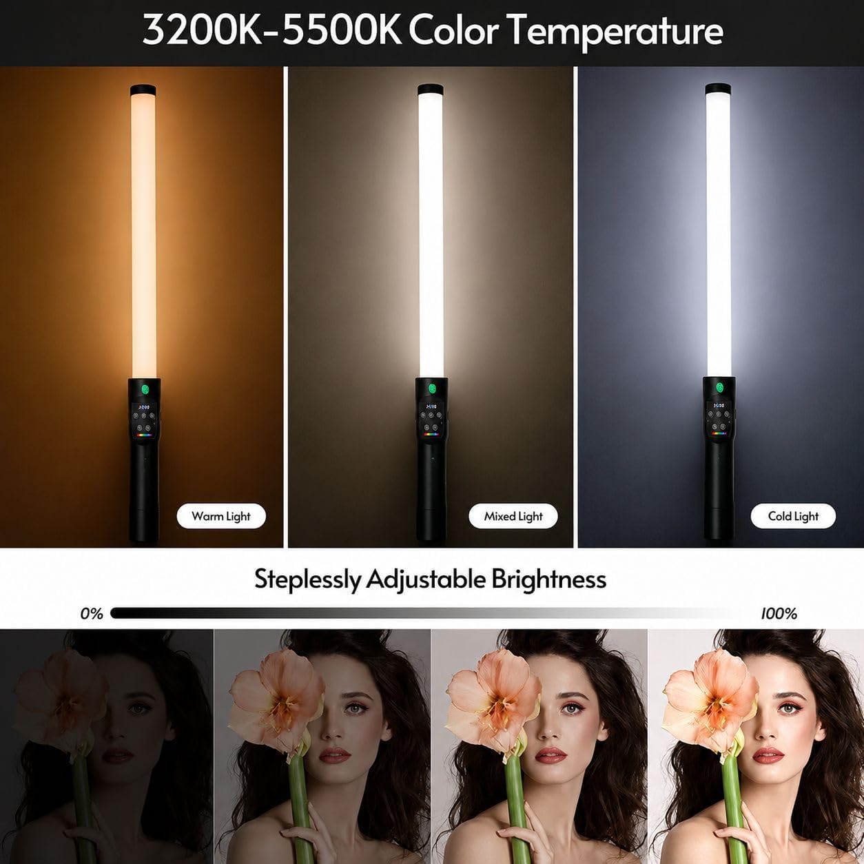 RGB LED Stick Light with Built-in Battery | 3200K–5500K Color Temperature Format | 0–100% Stepless Dimming Photography Tube