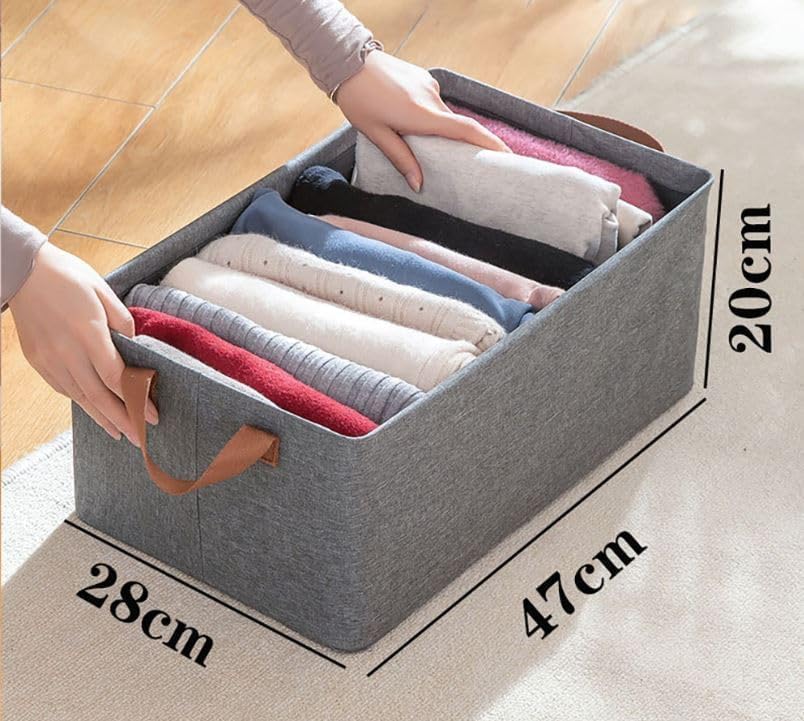 26L Fabric Storage Box Organizer | Foldable Wardrobe Clothes Organizer Basket with Faux Leather Handles | 47x28x20cm