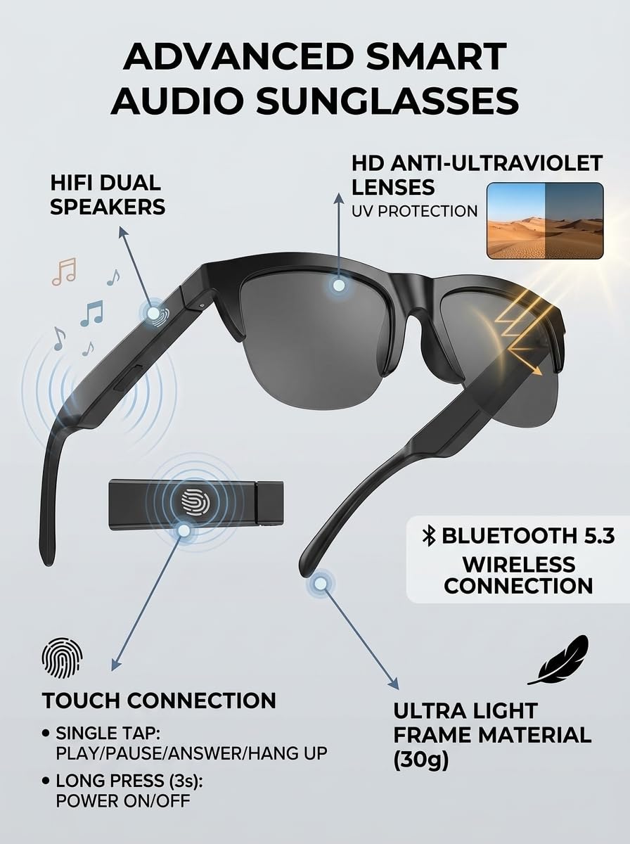 Wireless Bluetooth Sunglasses - Smart Audio Eyewear with HiFi Dual Speakers
