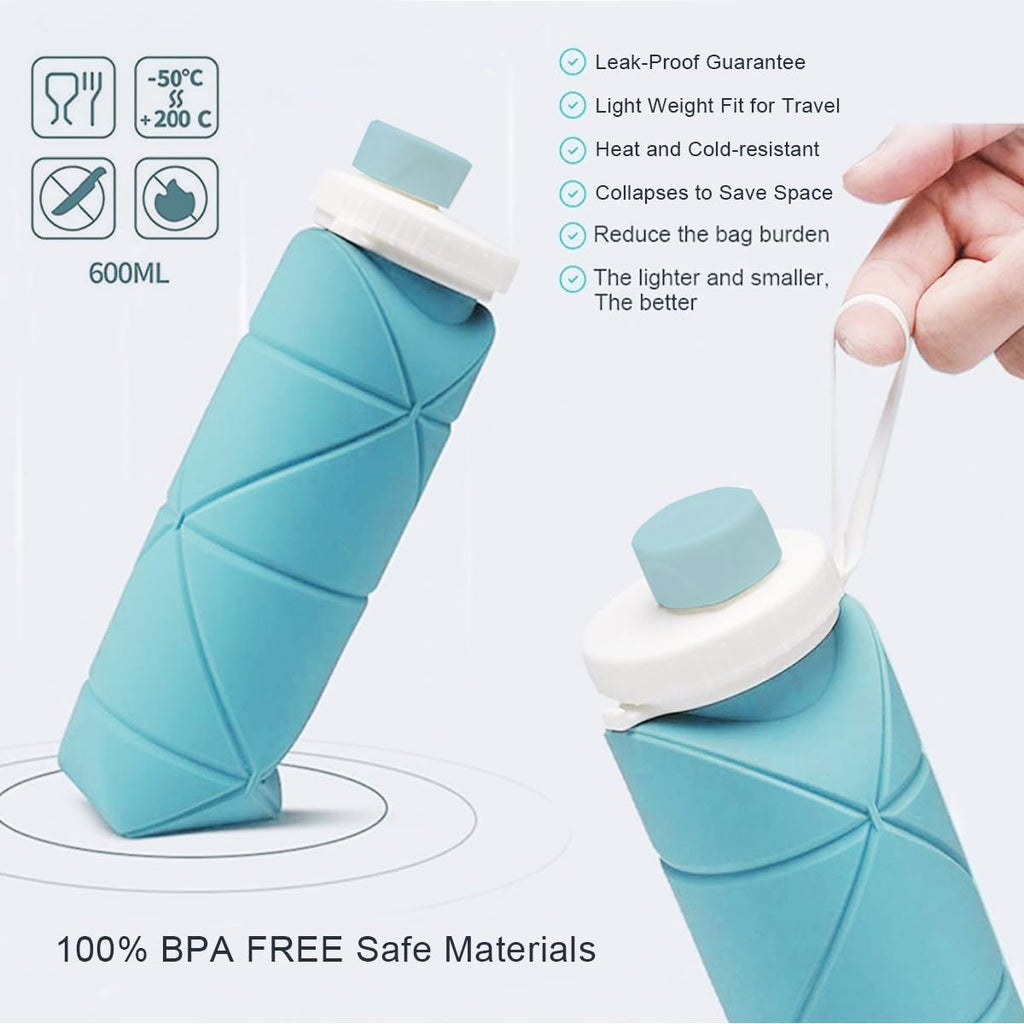 FlexiFold Collapsible Silicone Water Bottle | Folding Portable Leakproof Travel Flask for Gym School | 600ml