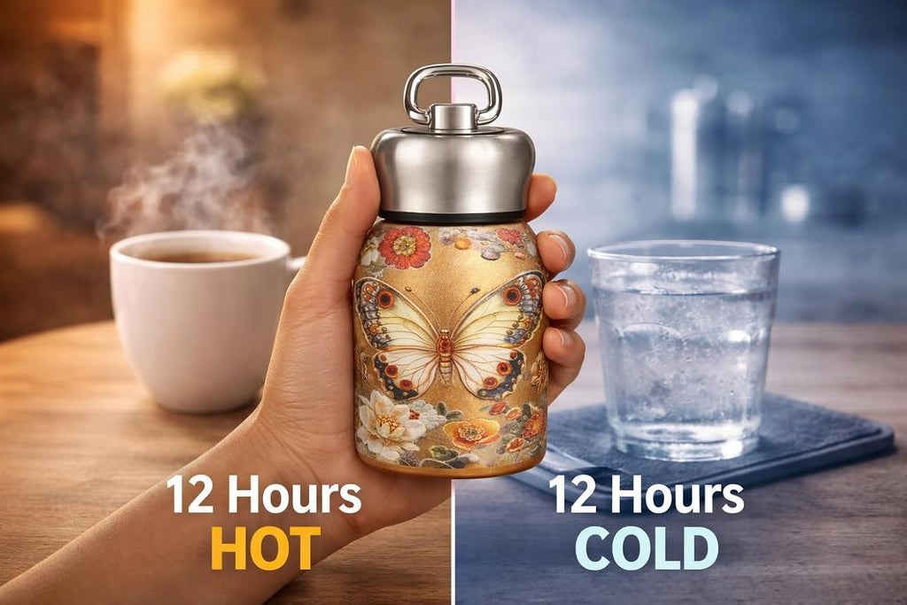 Butterfly Mini Water Bottle | Small Portable Stainless Steel Vacuum Insulated Tumbler Cup | Double Wall Leakproof Hot & Cold Thermal Flask for School Office