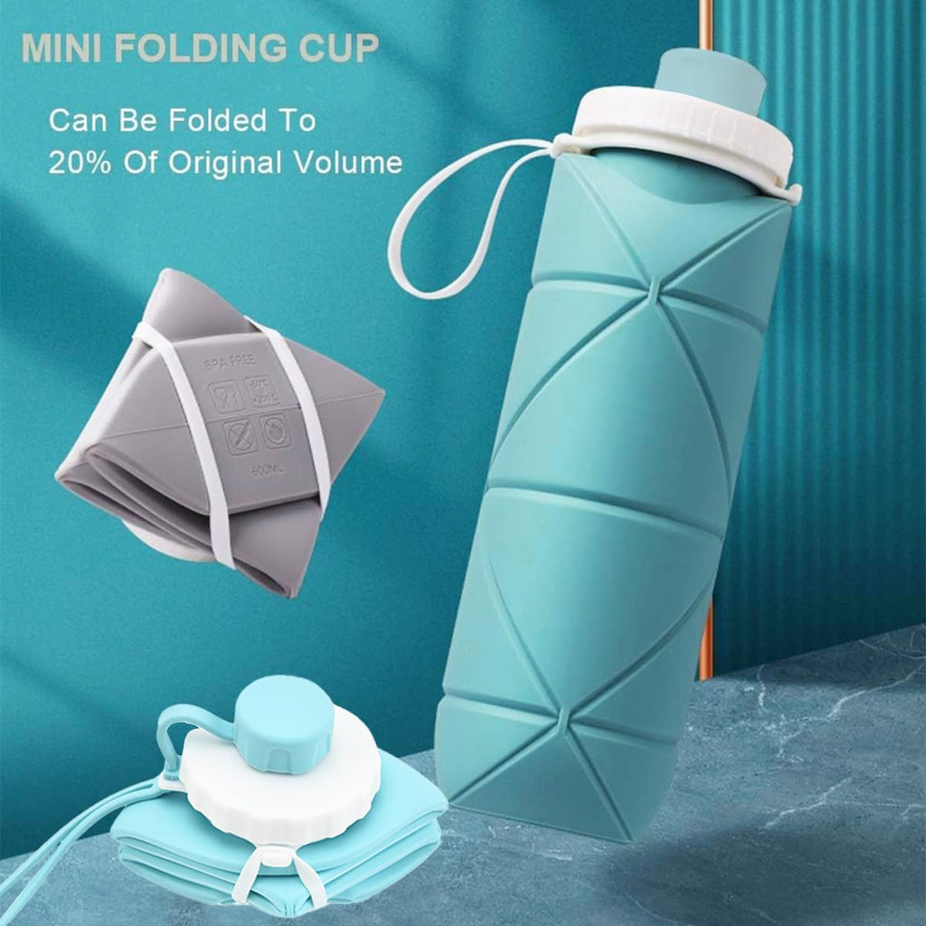 FlexiFold Collapsible Silicone Water Bottle | Folding Portable Leakproof Travel Flask for Gym School | 600ml