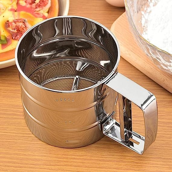SiftCraft Stainless Steel Flour Sifter | Handheld Squeeze Trigger Atta Channi | Double Layer Fine Mesh Baking Strainer with Measurement Markings