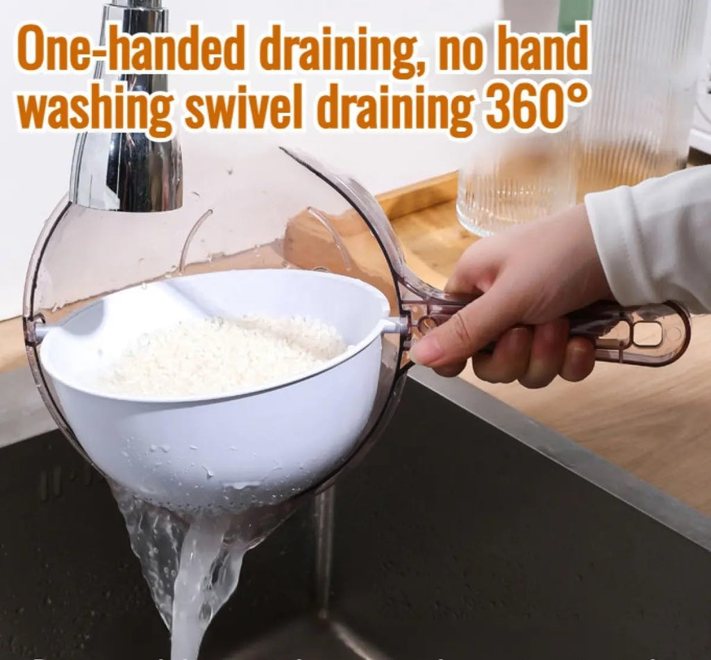 SpinDrain Double-Layer Rotatable Colander | Handle Draining Bowl with Lid for Rice Vegetable Fruit Wash | 360° Swivel Design