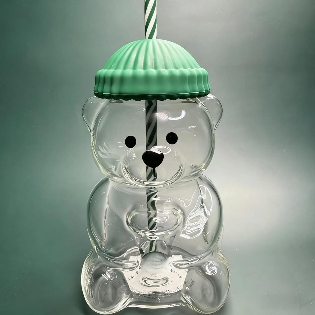 TeddySip | Bear Shaped Glass Cup Tumbler with Reusable Straw | 20 oz Leak-Proof Twist Cap Format | Cute Aesthetic Kawaii Water Bottle for Coffee Juice