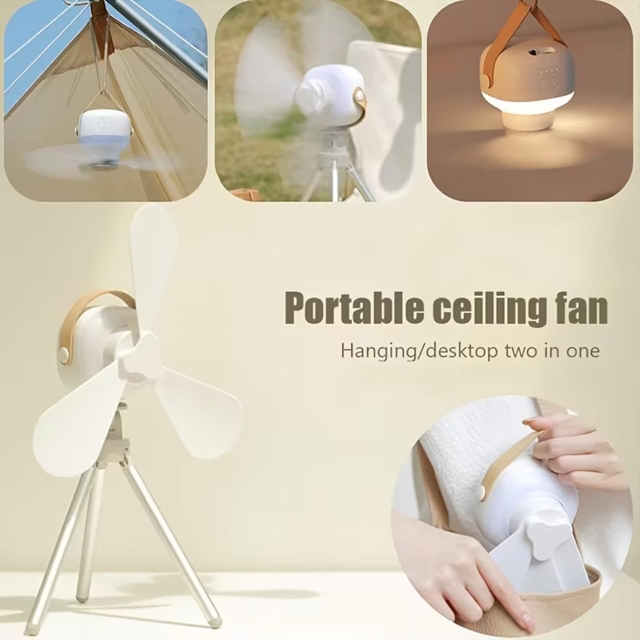 Portable Ceiling Fan with LED Light | 7200mAh Rechargeable Hanging & Desktop 2-in-1 Fan | Remote Control & Tripod Stand