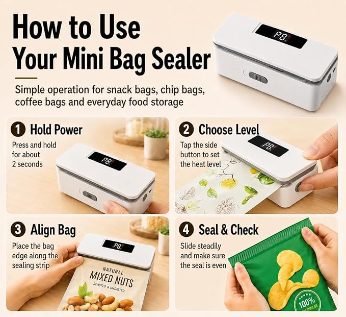 MagSeal 2-in-1 Rechargeable Mini Bag Sealer | Digital Display Heat Sealing Machine with Rebounding Safety Cutter & Magnetic Base | Portable Handheld Food Saver