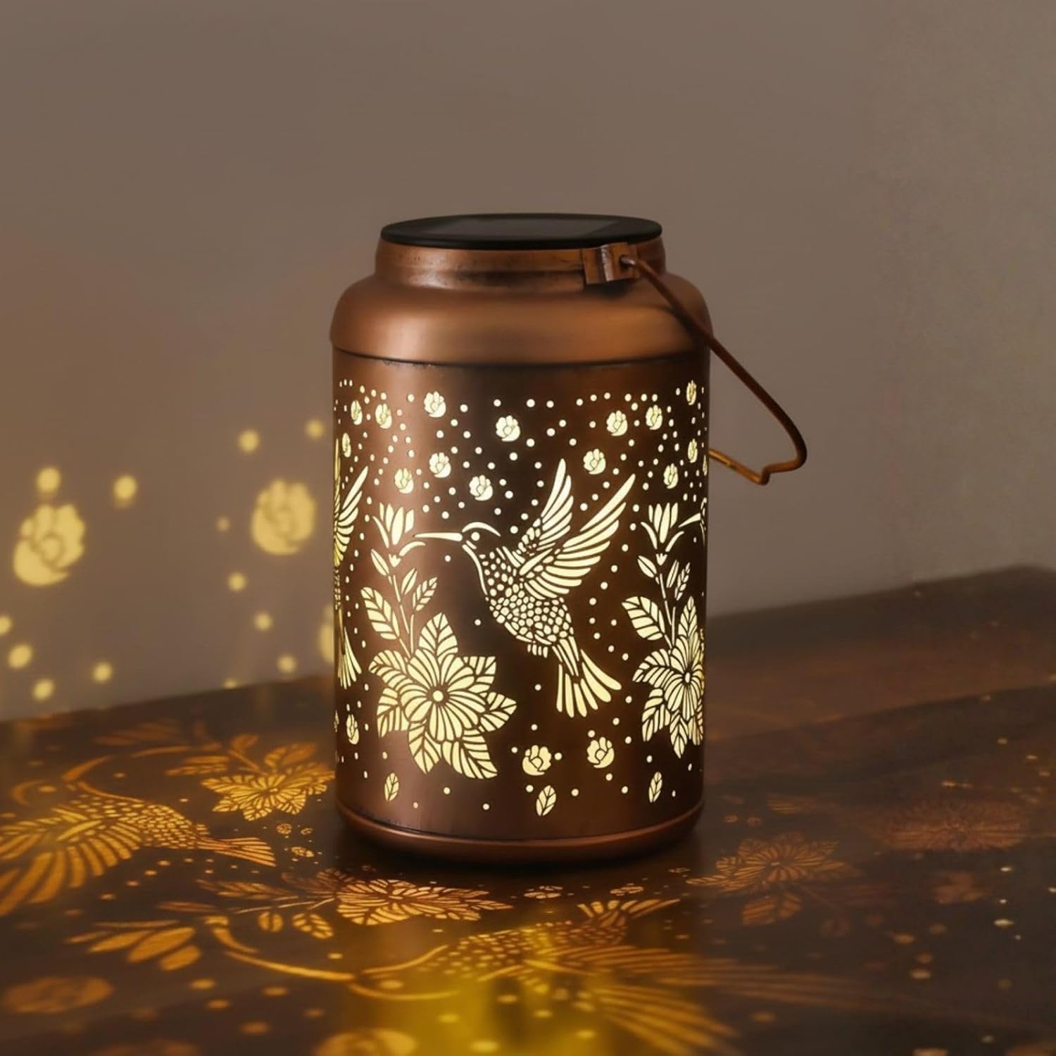 VintaGlow Hummingbird Solar Lantern with Metal Hollow Shadow Projection