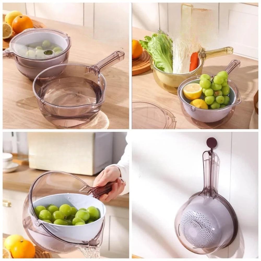 SpinDrain Double-Layer Rotatable Colander | Handle Draining Bowl with Lid for Rice Vegetable Fruit Wash | 360° Swivel Design