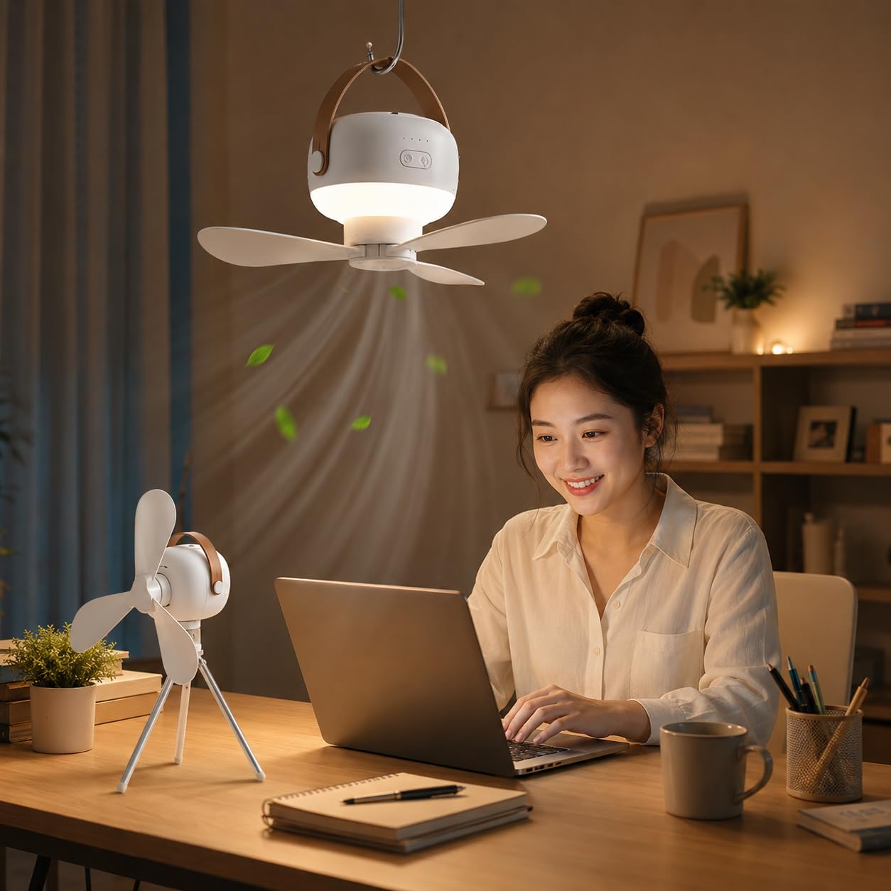 Portable Ceiling Fan with LED Light | 7200mAh Rechargeable Hanging & Desktop 2-in-1 Fan | Remote Control & Tripod Stand