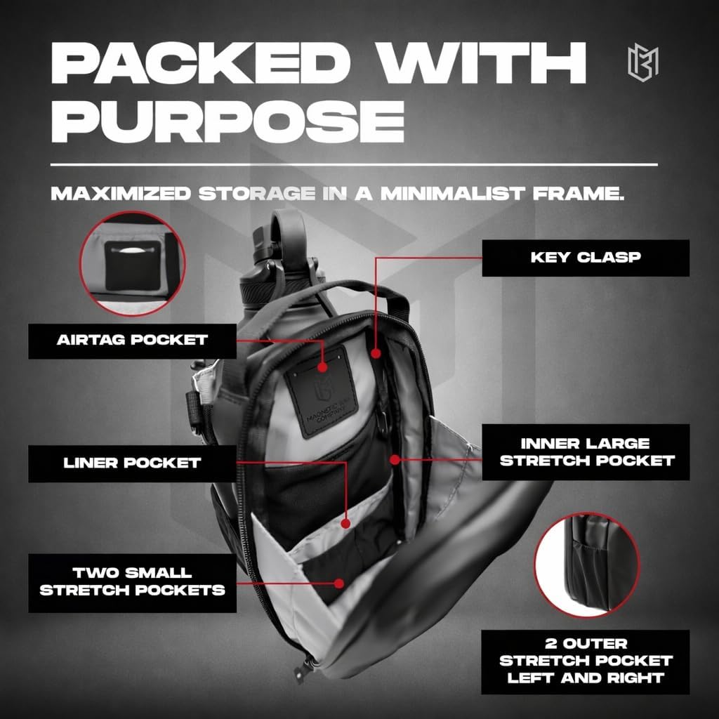 Magnetic Gym Bag and Bottle Holder | Tactical Crossbody Sling Fitness Organizer with AirTag Pocket & Key Clasp | Multi-Pocket Steel Mount Pouch
