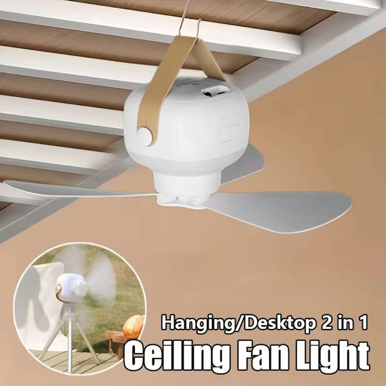 Portable Ceiling Fan with LED Light | 7200mAh Rechargeable Hanging & Desktop 2-in-1 Fan | Remote Control & Tripod Stand