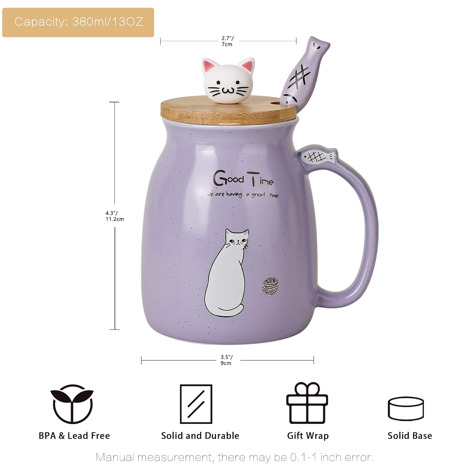 Cute Cat Ceramic Mug - with 3D Figurine Lid & Fish Spoon (380ml)