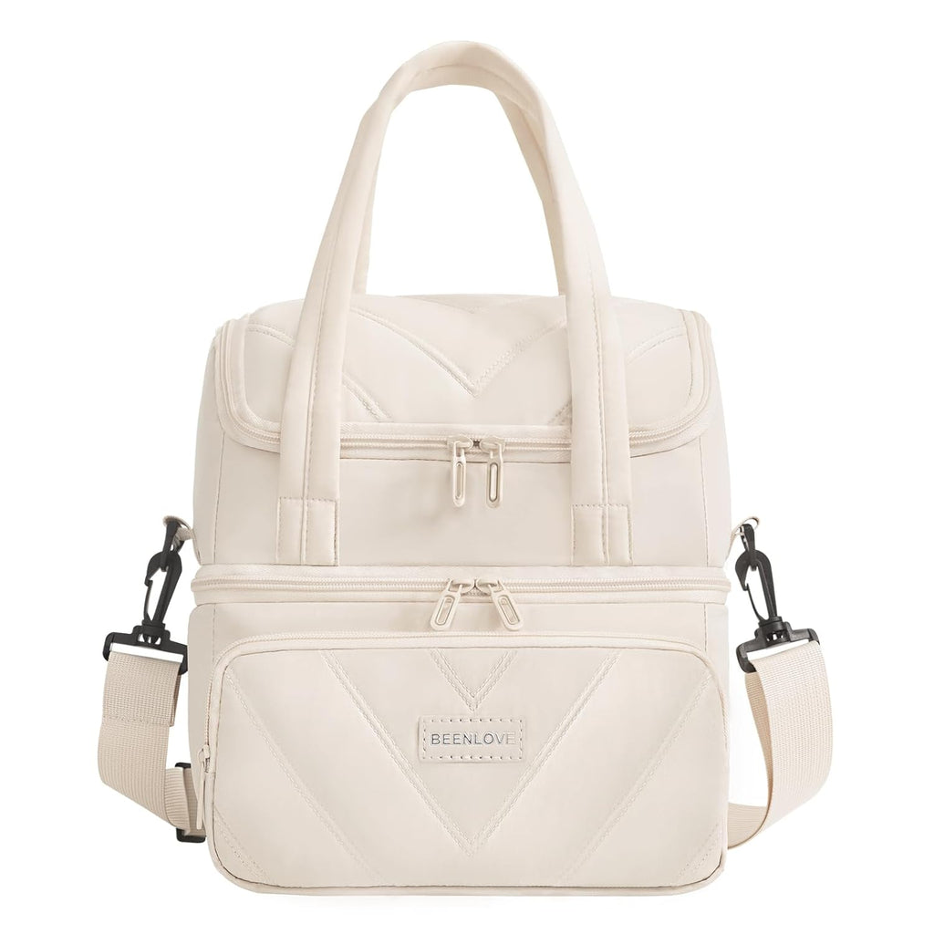 DuplexQuilt Dual Zipper Insulated Lunch Bag | Double Layer Large Capacity Thermal Tote | Water-Resistant Bento Box Organizer with Shoulder Strap for Office College