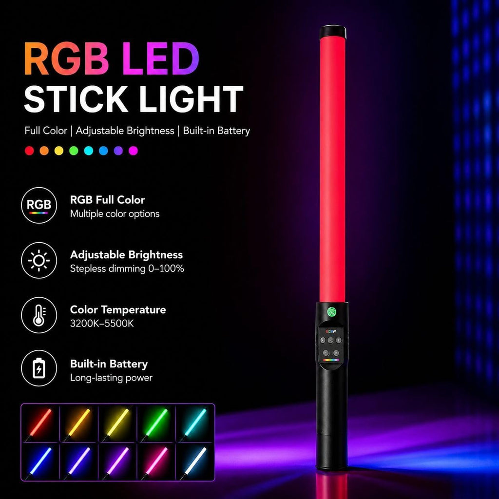 RGB LED Stick Light with Built-in Battery | 3200K–5500K Color Temperature Format | 0–100% Stepless Dimming Photography Tube