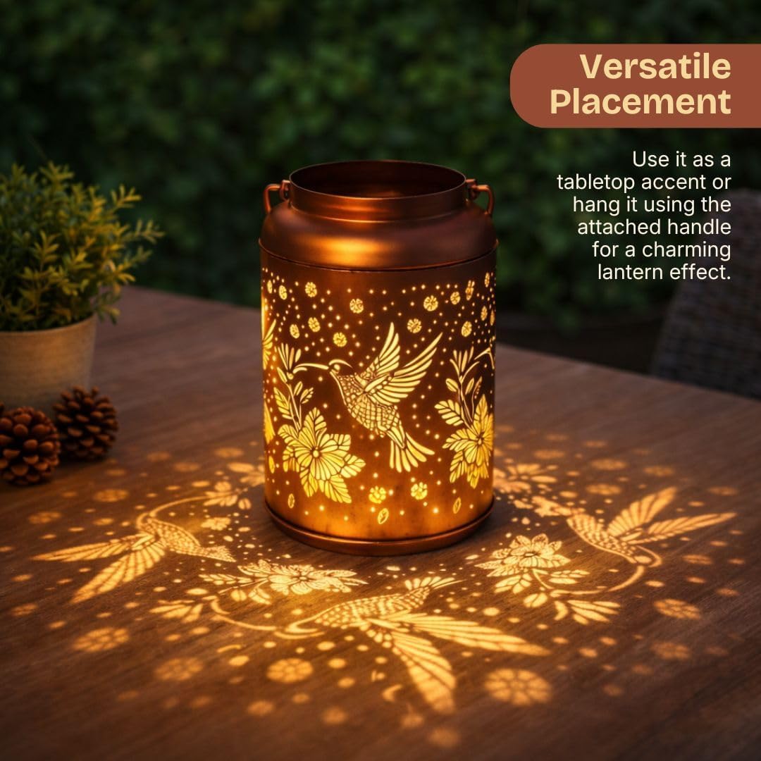 VintaGlow Hummingbird Solar Lantern with Metal Hollow Shadow Projection