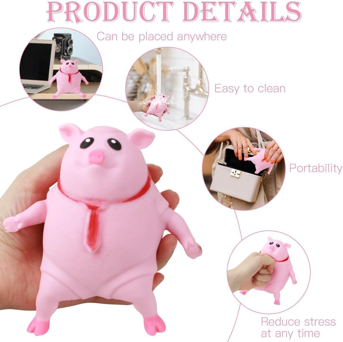 PorkySqueeze Elastic Pink Squishy Pig Toy | Stretchable Stress Relief Anti-Anxiety Fidget Toy | Washable Cute Desk Companion | 14cm