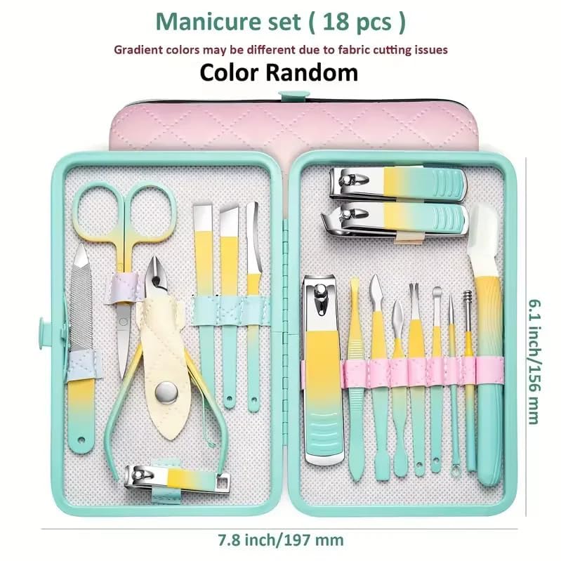 GroomKit 18-in-1 Manicure and Pedicure Set | Stainless Steel Grooming Kit with Gradient Tools & Quilted Travel Case