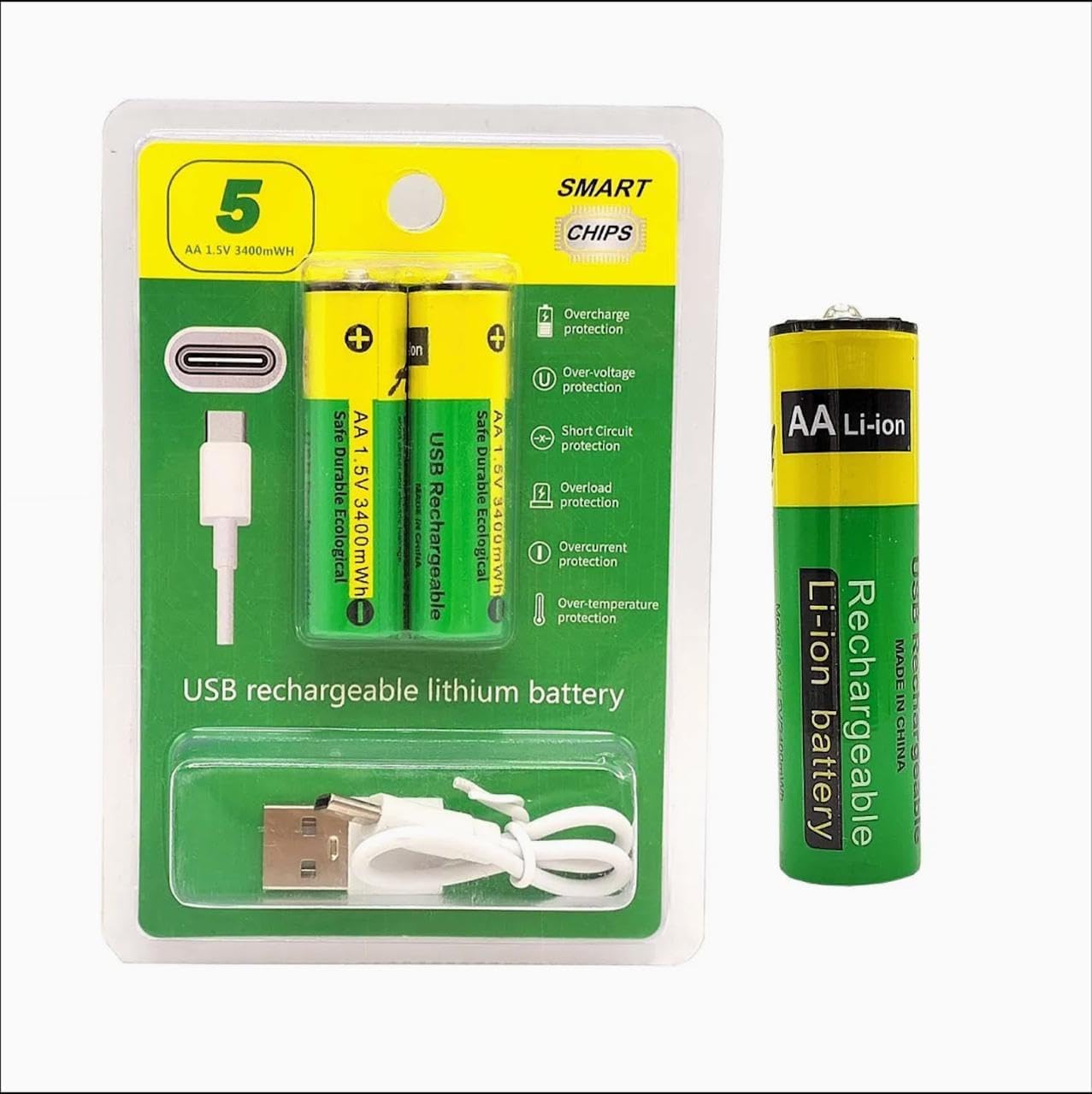 Type-C Rechargeable AA Lithium Batteries with Charging Cable (Pack of 2)