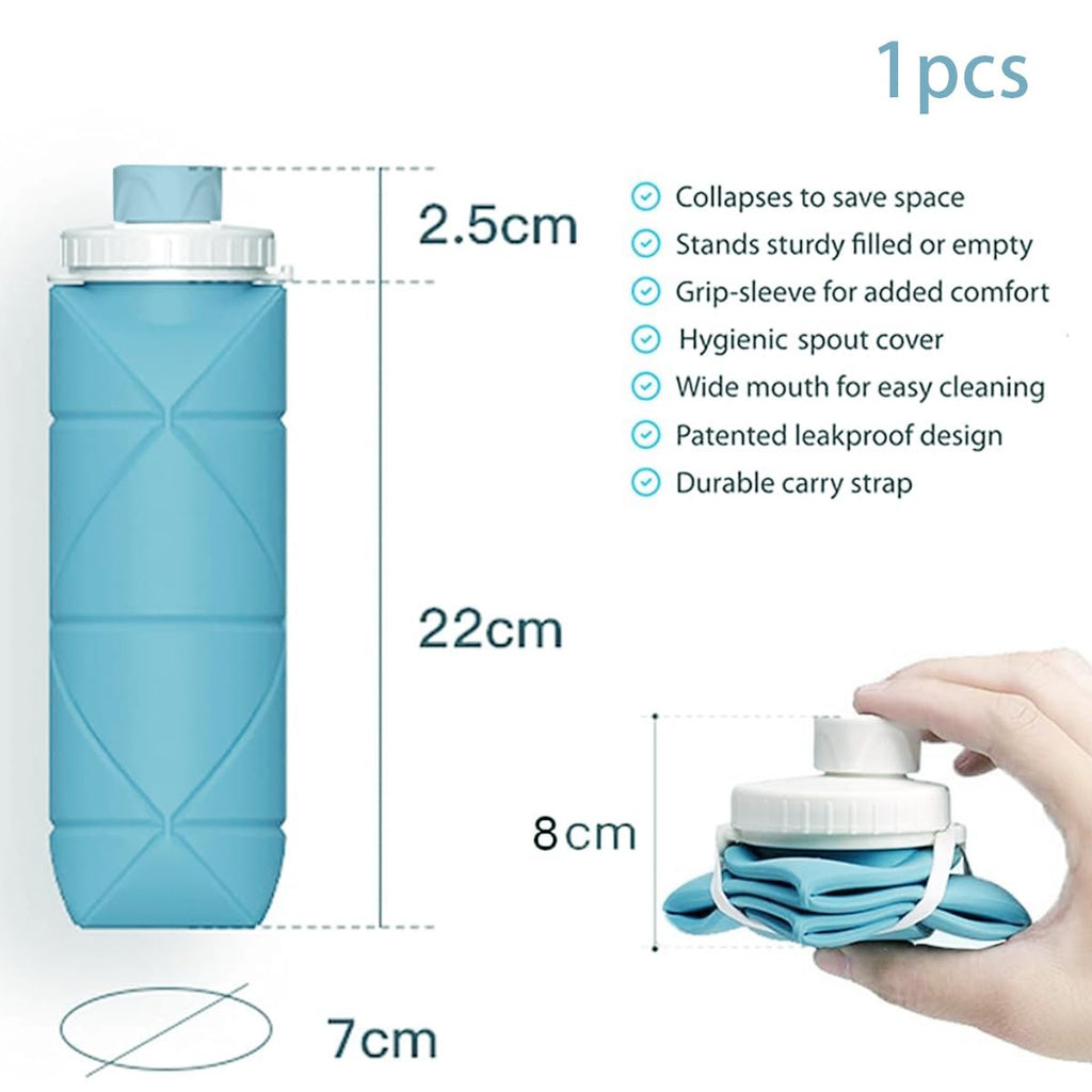 FlexiFold Collapsible Silicone Water Bottle | Folding Portable Leakproof Travel Flask for Gym School | 600ml
