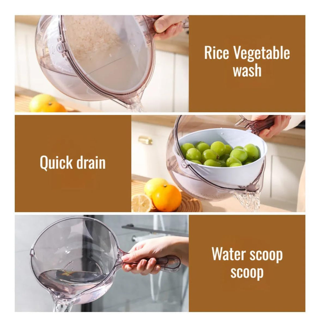 SpinDrain Double-Layer Rotatable Colander | Handle Draining Bowl with Lid for Rice Vegetable Fruit Wash | 360° Swivel Design