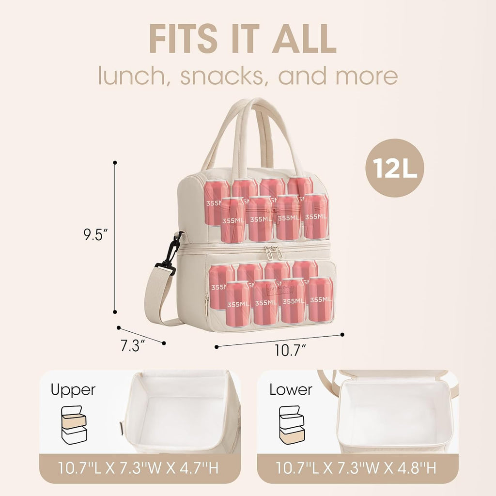 DuplexQuilt Dual Zipper Insulated Lunch Bag | Double Layer Large Capacity Thermal Tote | Water-Resistant Bento Box Organizer with Shoulder Strap for Office College