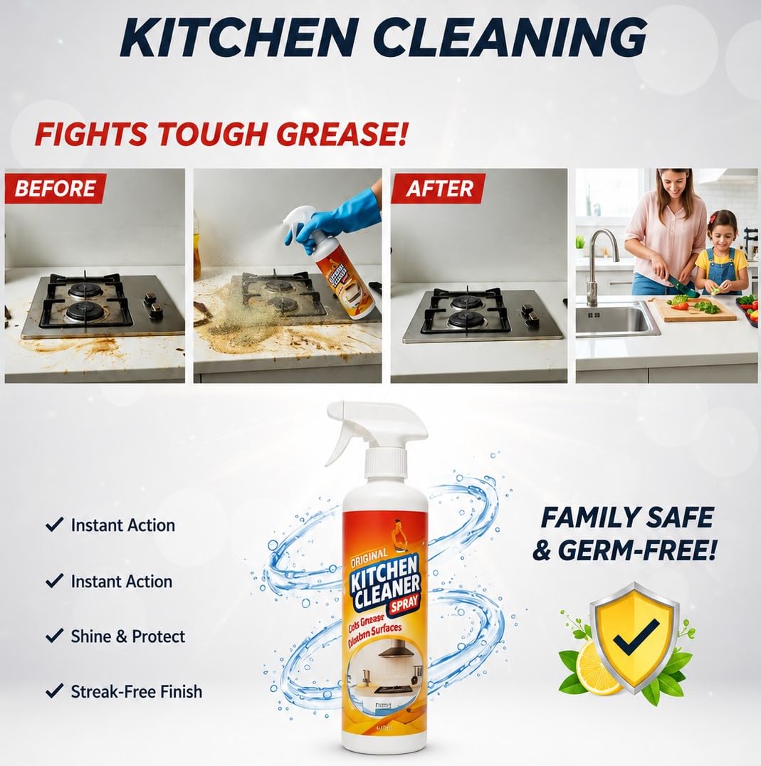 CleanoMax Degreaser Kitchen Cleaner Spray | Heavy Duty Oil and Tough Grease Stain Remover for Chimney Stove Exhaust Fan | 500ml