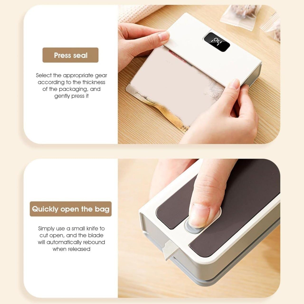 MagSeal 2-in-1 Rechargeable Mini Bag Sealer | Digital Display Heat Sealing Machine with Rebounding Safety Cutter & Magnetic Base | Portable Handheld Food Saver