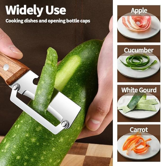 TimberGlide 2-in-1 Vegetable Peeler & Fruit Slicer | Stainless Steel Dual-Blade Format | Built-in Bottle Opener with Ergonomic Wooden Handle