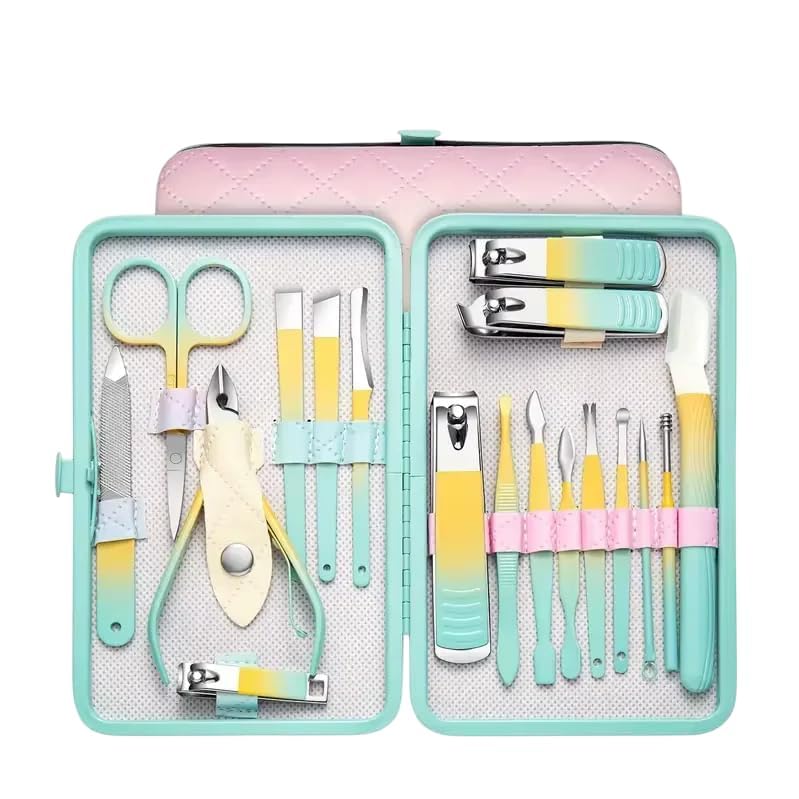GroomKit 18-in-1 Manicure and Pedicure Set | Stainless Steel Grooming Kit with Gradient Tools & Quilted Travel Case