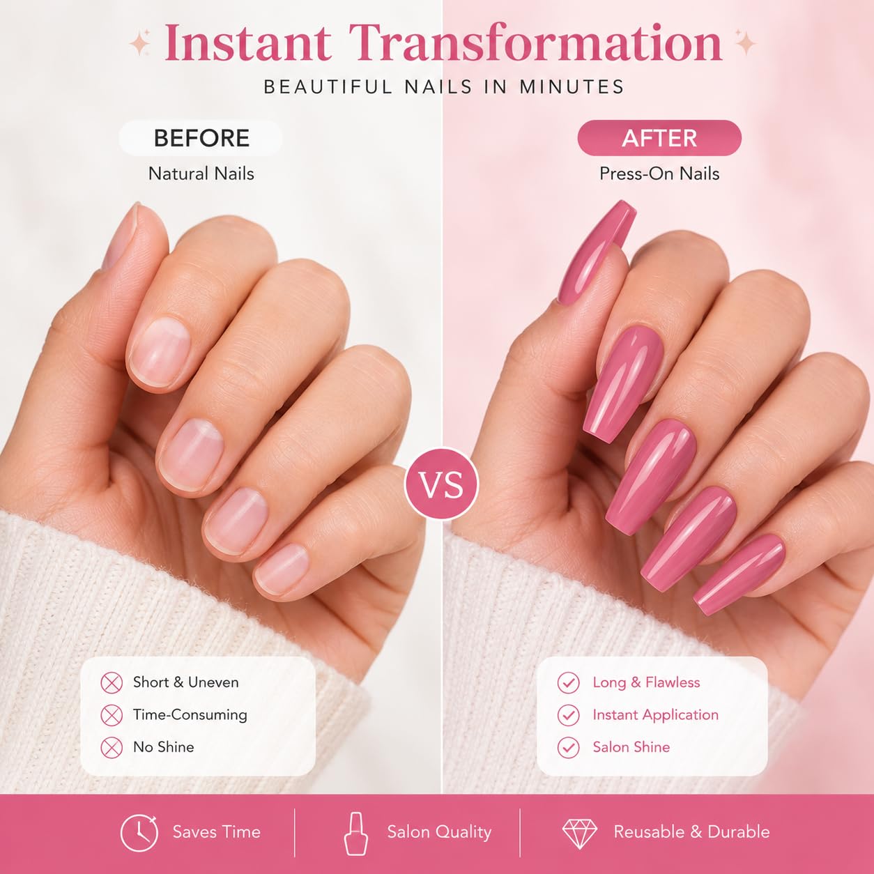 576pcs Press-On Nails Set | 24 Trendy Colors Full Cover Glossy Fake Nails with Organizer Box | Premium ABS Flexible Reusable Nail Extensions Kit